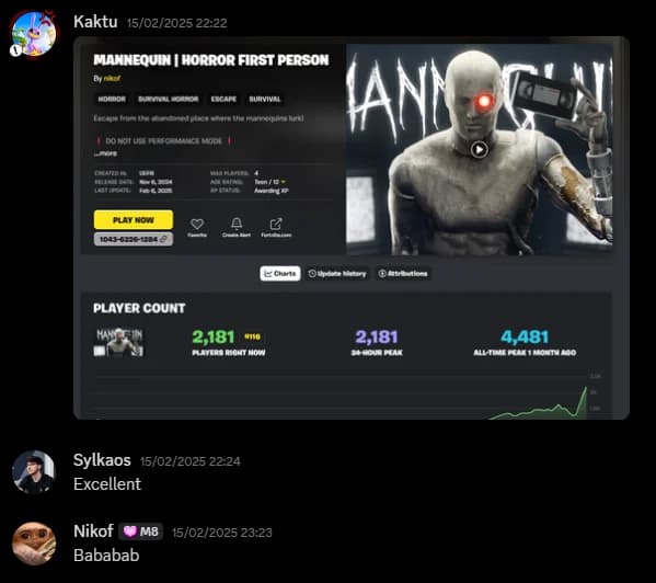Message Discord : la map Mannequin, 2 181 joueurs en ligne, pic à 4 481