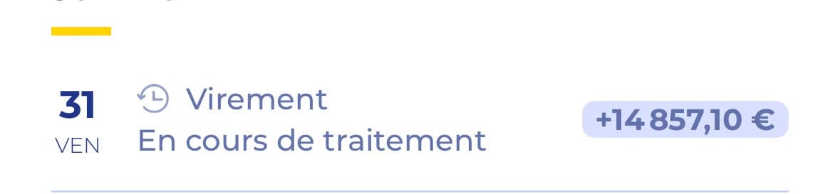 Relevé bancaire : virement reçu de 14 857,10 €