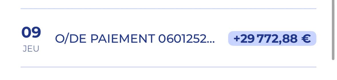 Relevé bancaire : paiement reçu de 29 772,88 €